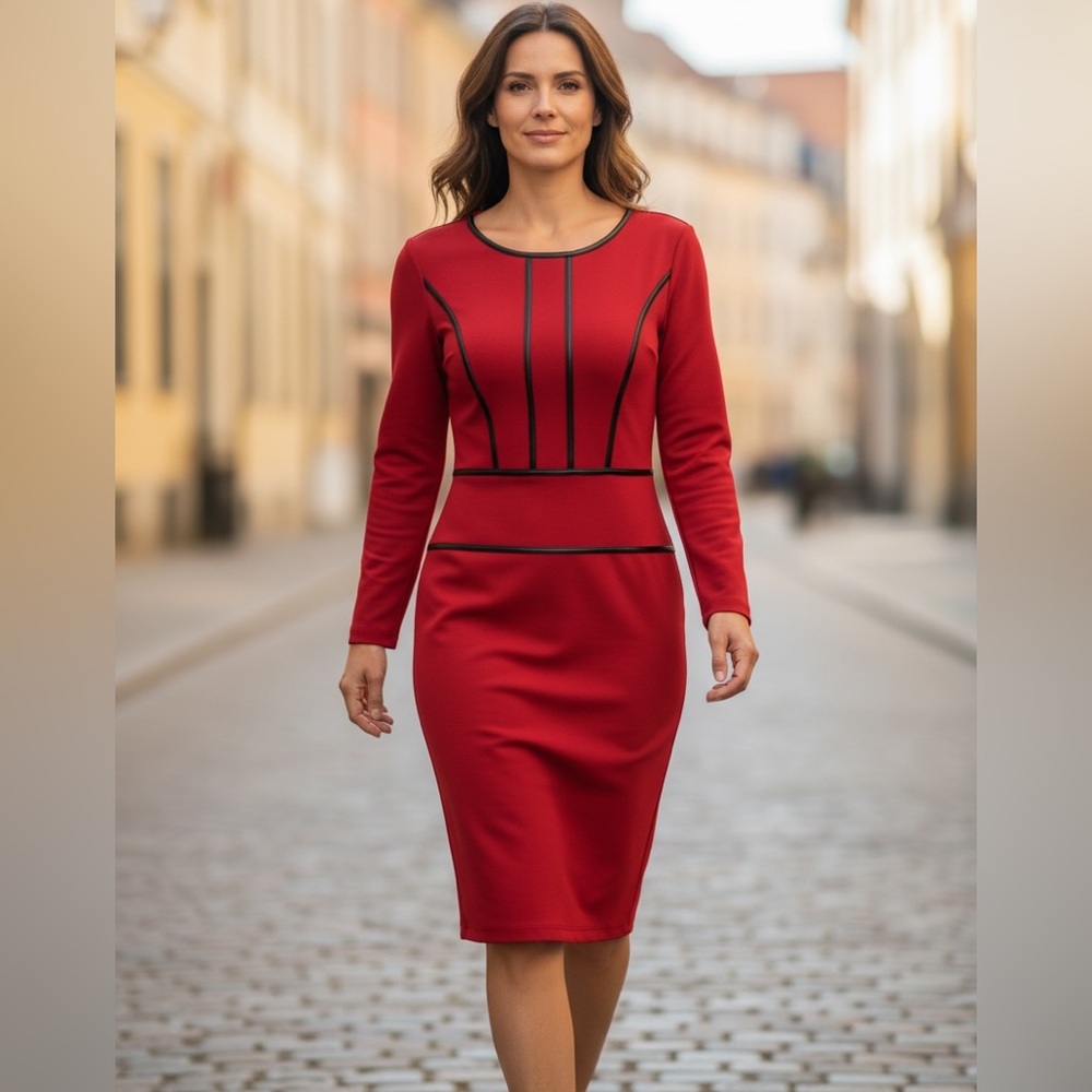 VfEmage Red Long Sleeve Dress with Black Trim